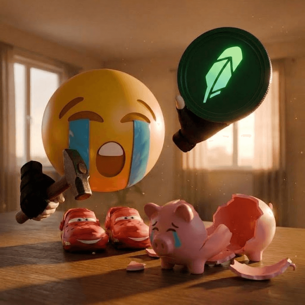 3D SOB emoji at a table with a smashed piggy bank, hammer, and red racing Crocs