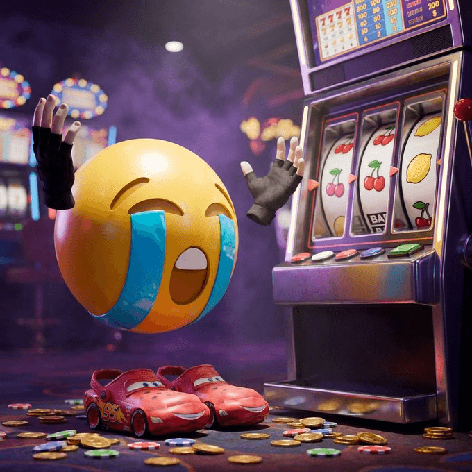 3D SOB emoji in a casino in front of a losing slot machine with coins on the floor
